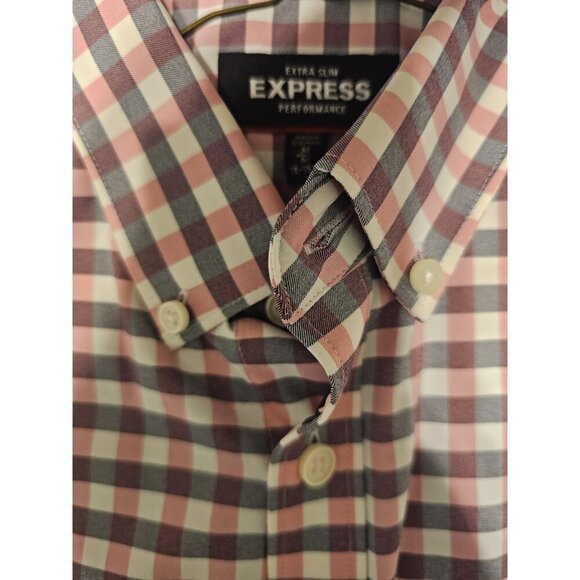 Mens Express Extra Slim Performance Button Down-Pink Gray White Medium 15-15 1/2 - Picture 9 of 13